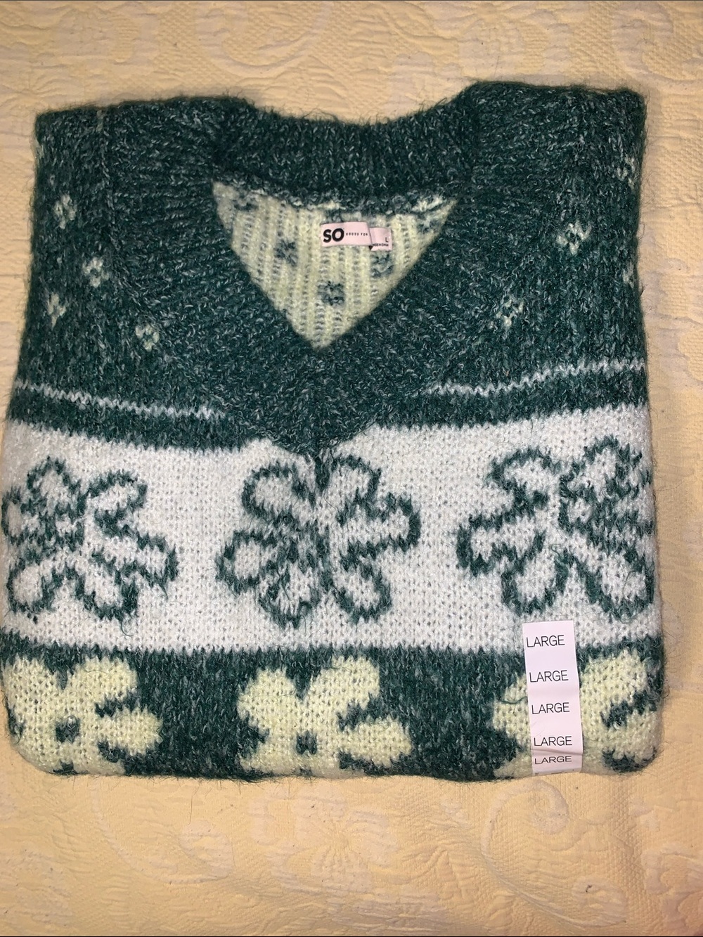SO Green and Cream Floral V-Neck Sweater